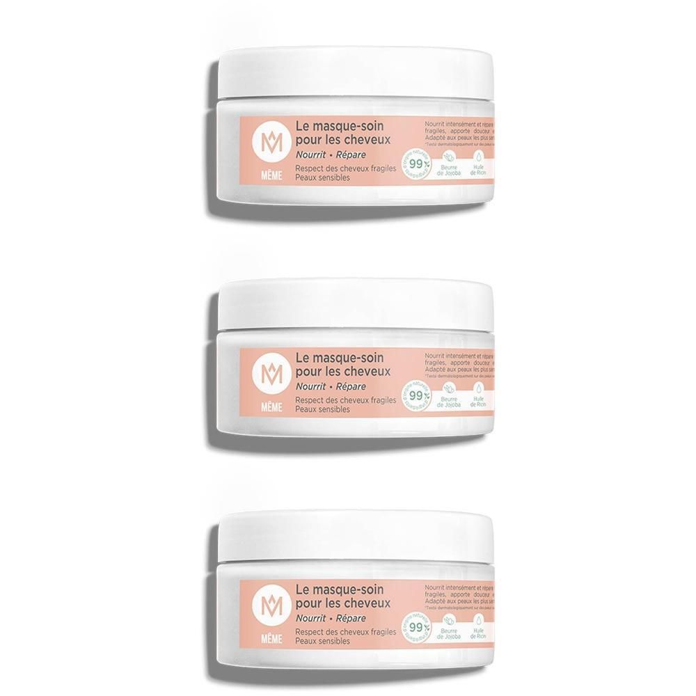 Drie potten MÊME Le masque-soin pour les cheveux. Witte potten met roze label. Tekst: Voedt, herstelt, gevoelige huid.
