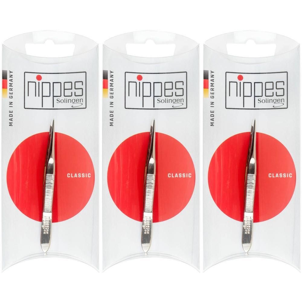 Trois pinces à échardes dans un emballage blister. Marque Nippes, Solingen. Cercle rouge avec nom du produit. Inscription : CLASSIC. Fabriqué en Allemagne.