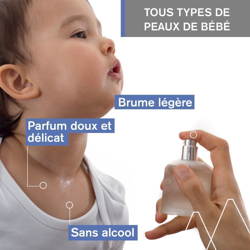 Enfant vaporisé. Texte: Parfum doux et délicat, Brume légère, Sans alcool.