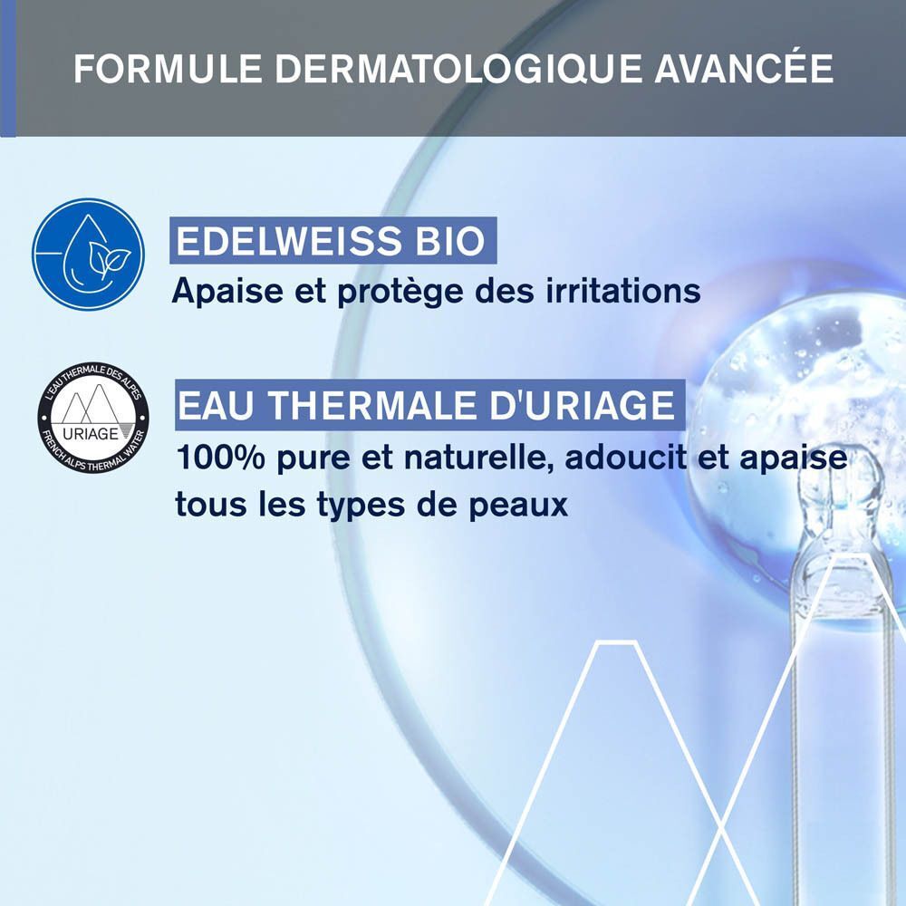 Graphique avec texte: Edelweiss Bio, Eau Thermale d'Uriage. Formule dermatologique.