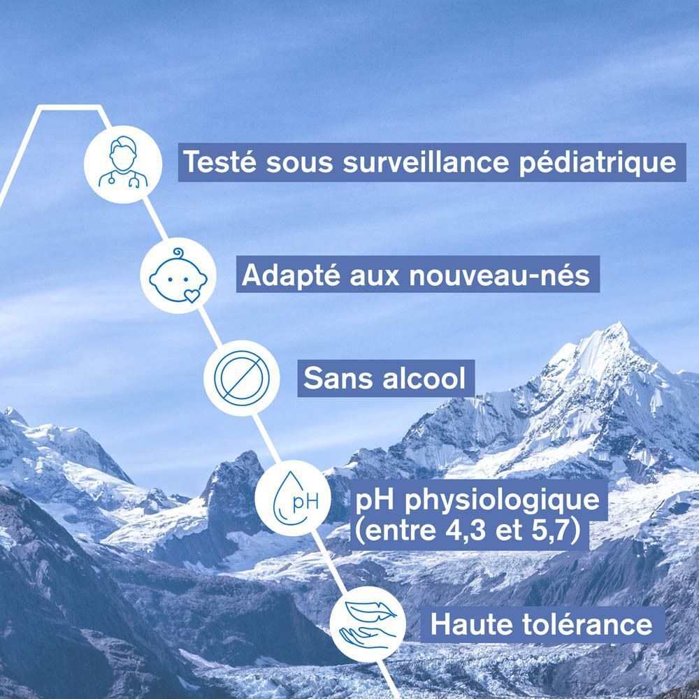 Graphique avec texte: Testé sous surveillance pédiatrique, Adapté aux nouveau-nés, Sans alcool.