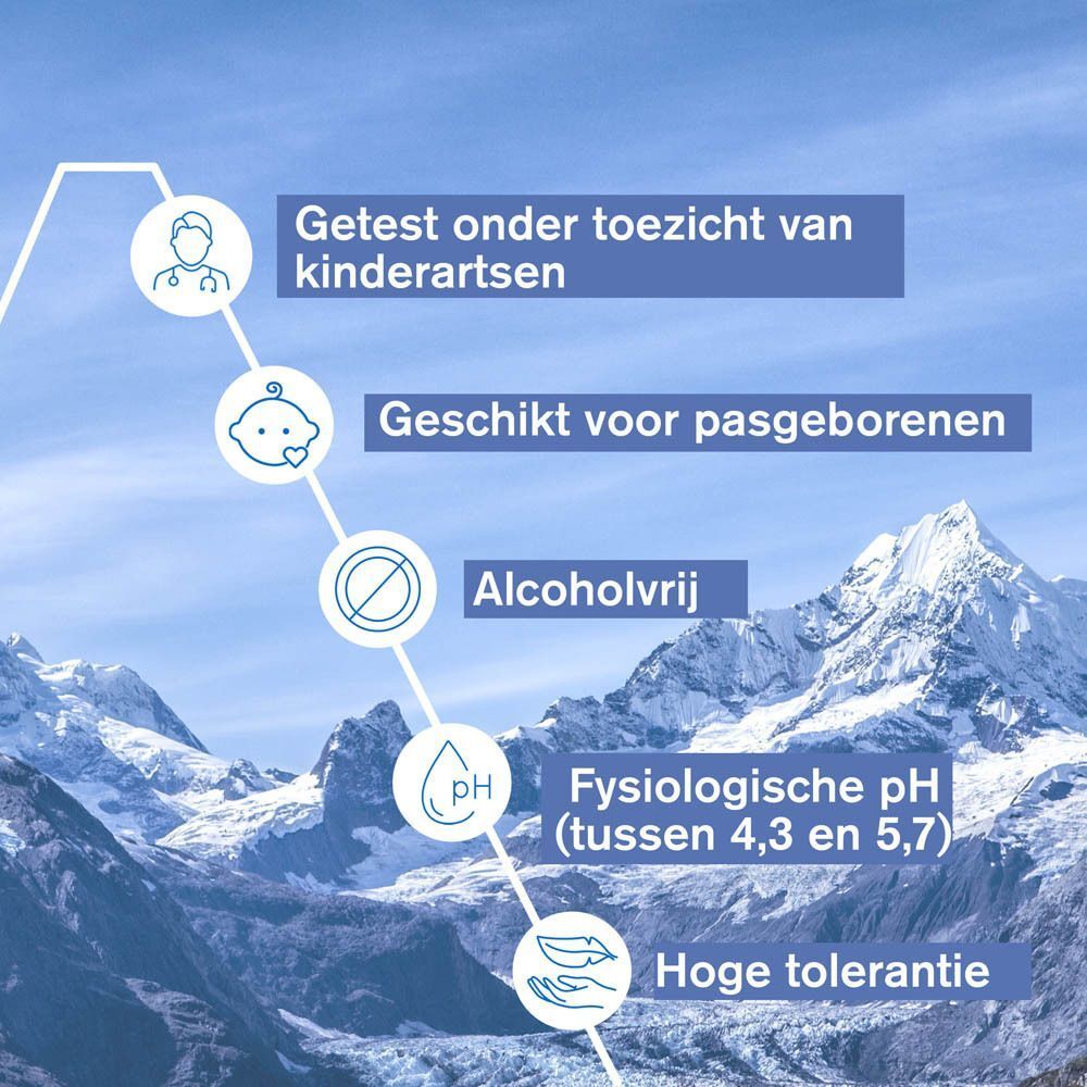 Afbeelding met tekst: Getest onder toezicht van kinderartsen, Geschikt voor pasgeborenen, Alcoholvrij.