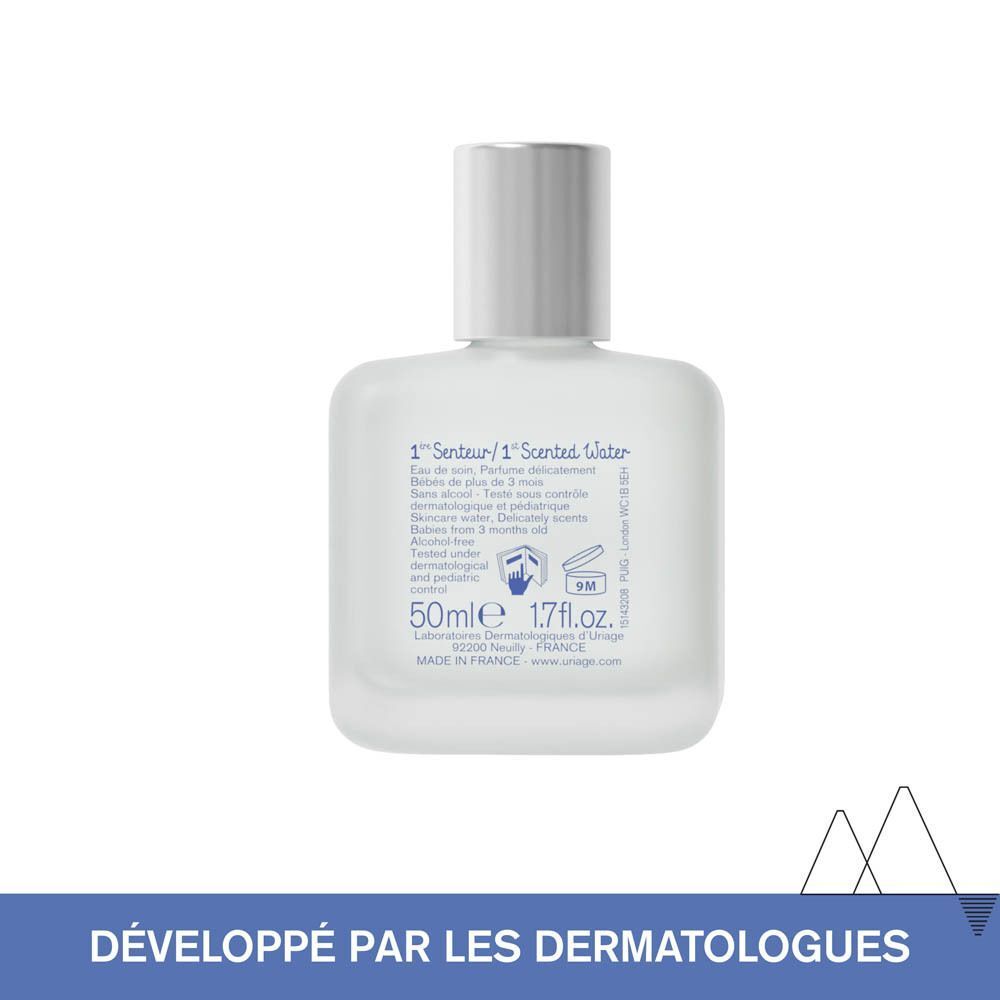 Dos d'un flacon. Texte: 1re Senteur, 50ml, Made in France. Développé par les dermatologues.