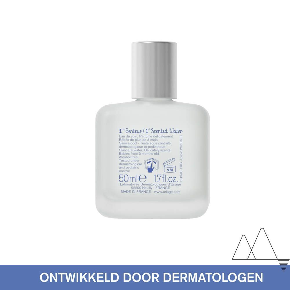 Achterkant van een flacon. Tekst: 1re Senteur, 50ml, Made in France. Ontwikkeld door dermatologen.