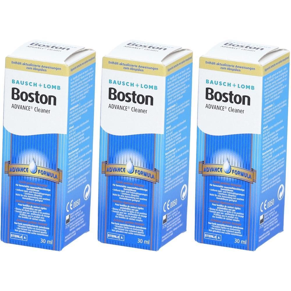 Drie dozen Boston Advance Cleaner. Blauw-witte verpakking met productnaam en logo. 30 ml.
