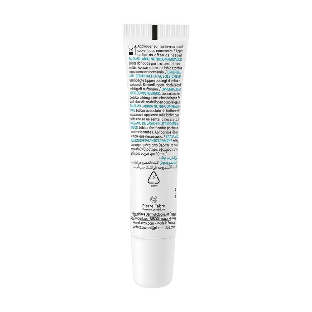 Petit tube blanc avec bouchon à vis blanc. Contient du texte multilingue et un symbole de recyclage.
