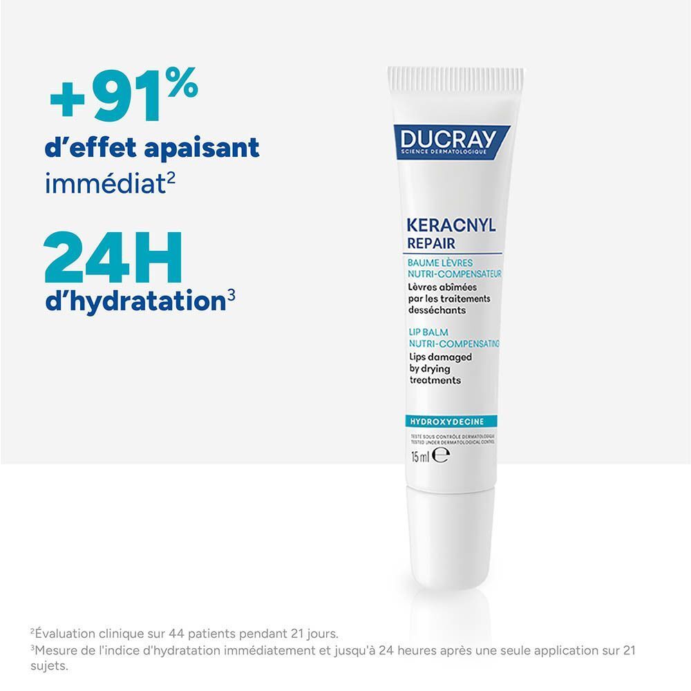 Tube de baume à lèvres Ducray Keracnyl Repair, 15ml. Apaise et hydrate les lèvres.