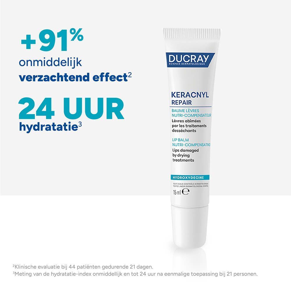 Ducray Keracnyl Repair lippenbalsem 15ml tube met applicator. Biedt 91% onmiddellijk verzachtend effect en 24 uur hydratatie.
