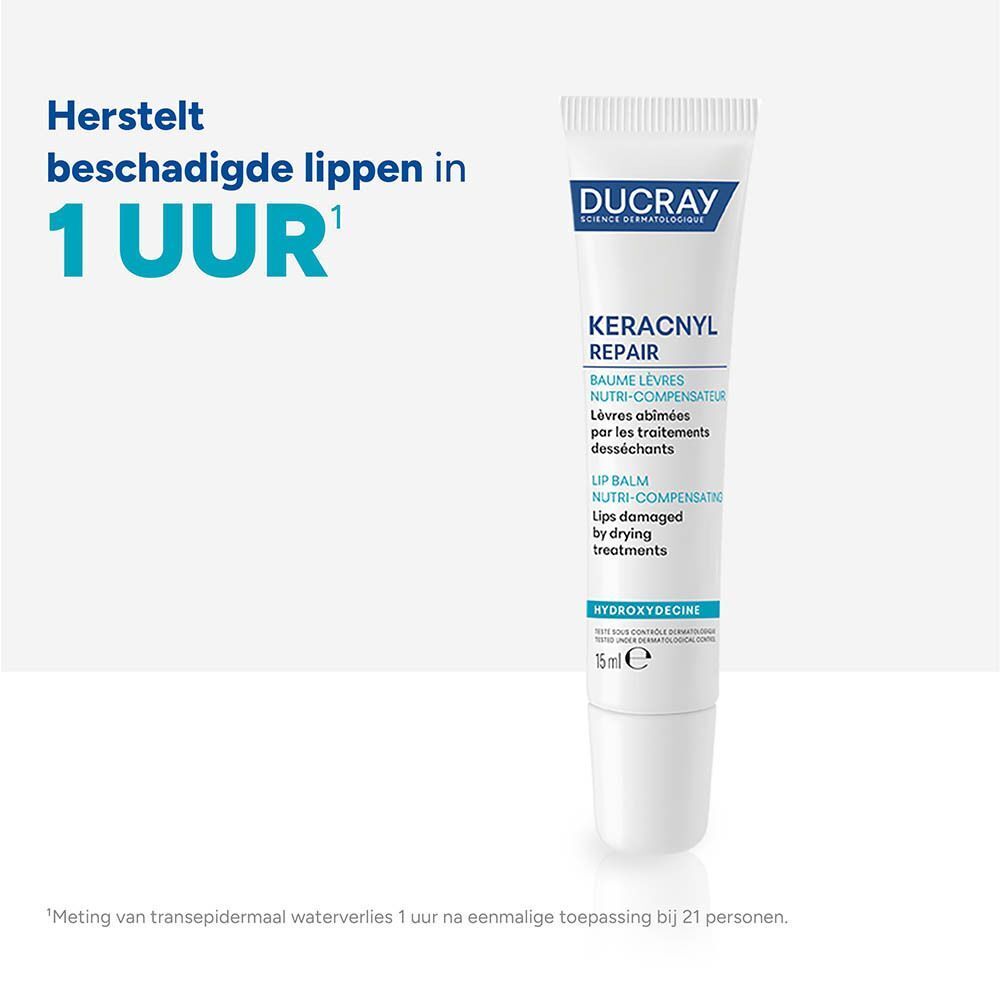 Ducray Keracnyl Repair lippenbalsem 15ml tube. Herstelt beschadigde lippen in 1 uur.