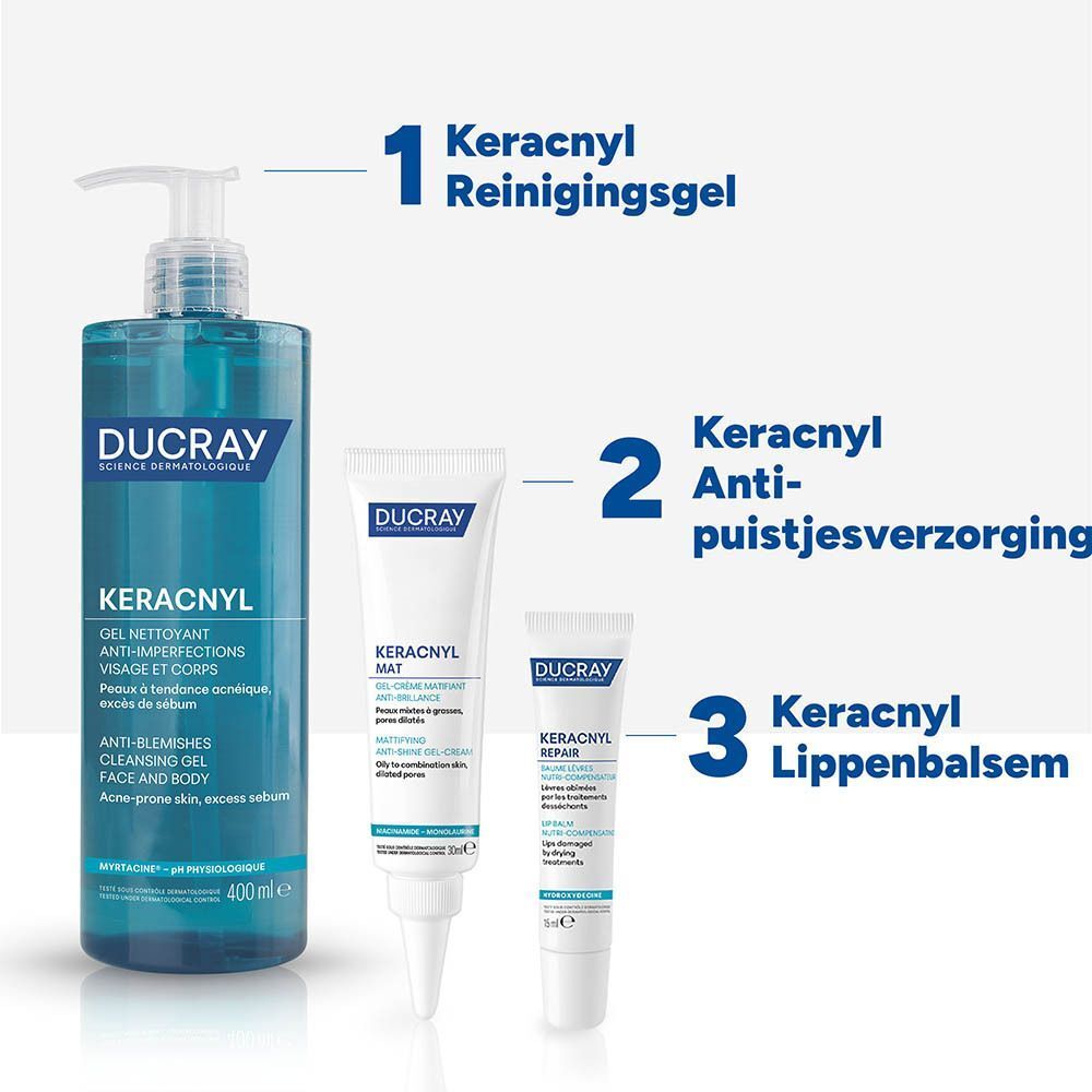 Ducray Keracnyl Reinigingsgel, anti-puistjesverzorging en lippenbalsem in verschillende formaten.
