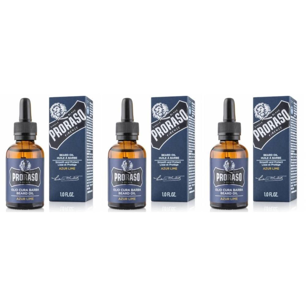 Trois flacons avec pipette et boîtes. Sur les flacons et les boîtes, on peut lire "Proraso Firenze". Produit : Huile à barbe Azur Lime.