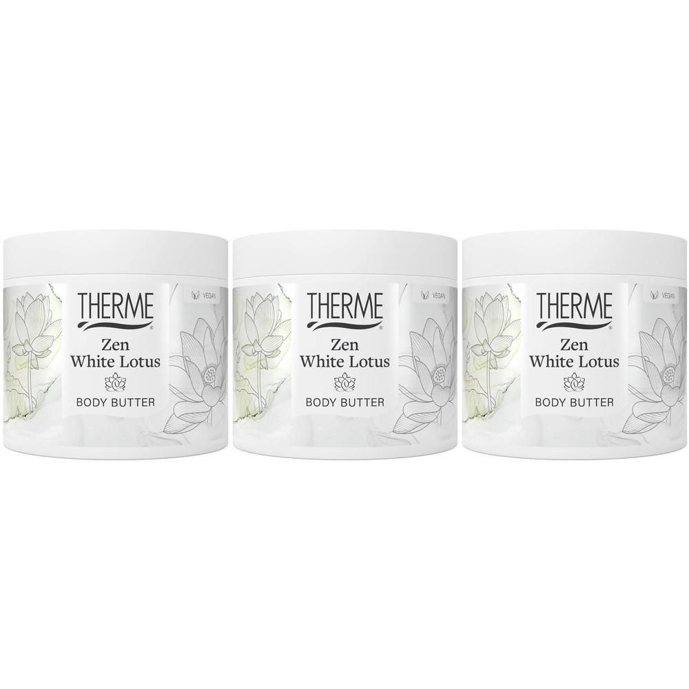 Trois pots blancs avec l'étiquette Therme Zen White Lotus Body Butter. Inscription: Therme, Zen White Lotus, Body Butter.