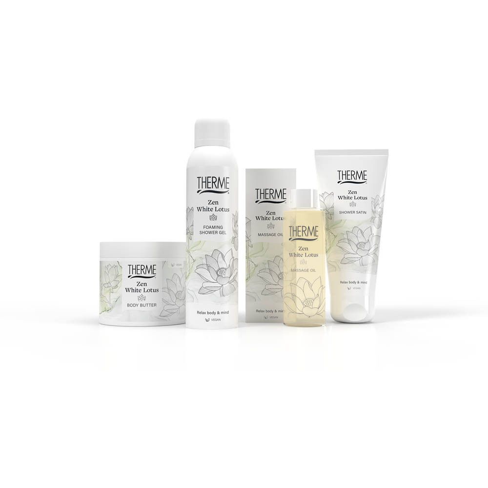 Diverse Therme Zen White Lotus producten: body butter, doucheschuim, massageolie, bodylotion.