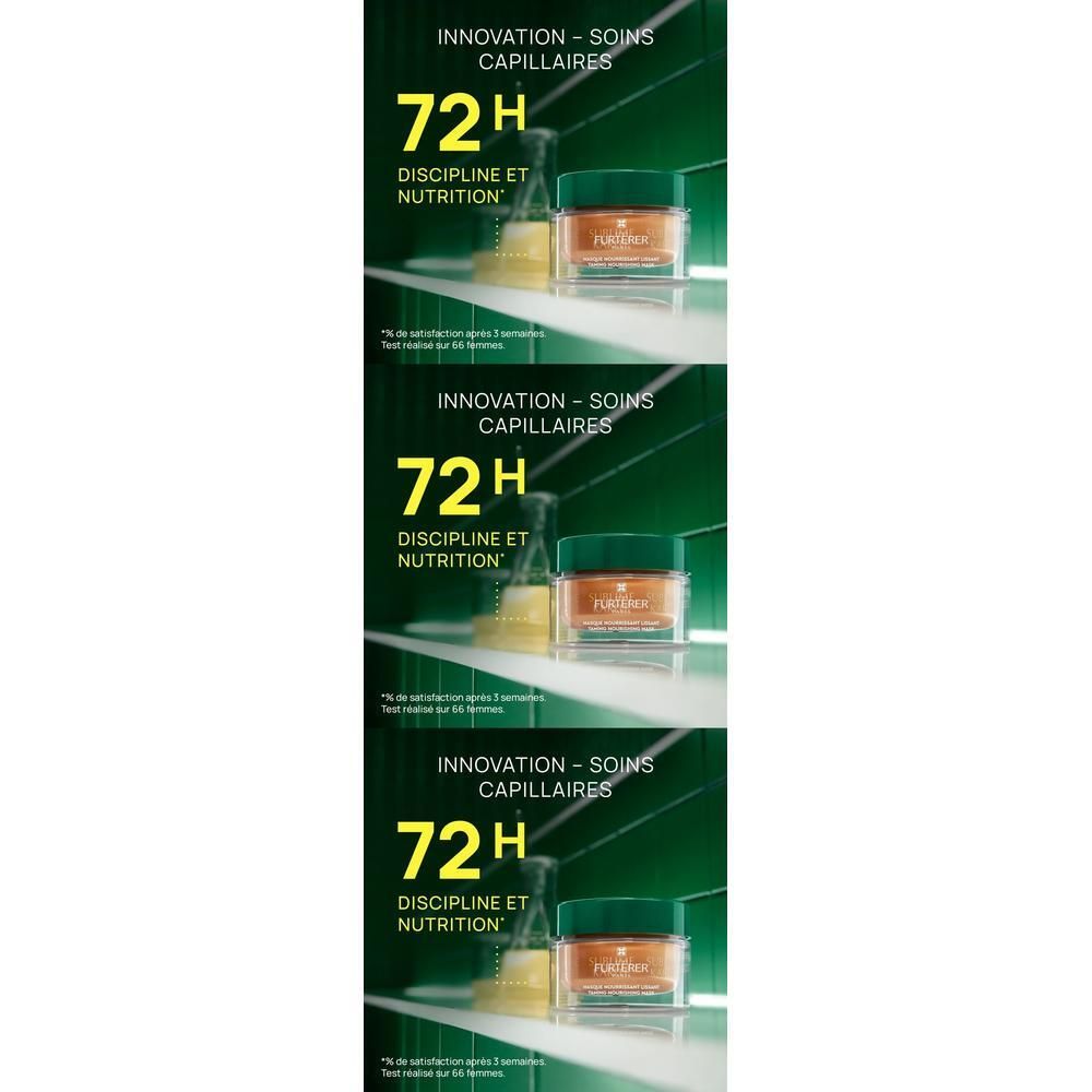Plusieurs pots de masque capillaire. Texte : Innovation - Soins capillaires. 72H Discipline et Nutrition.