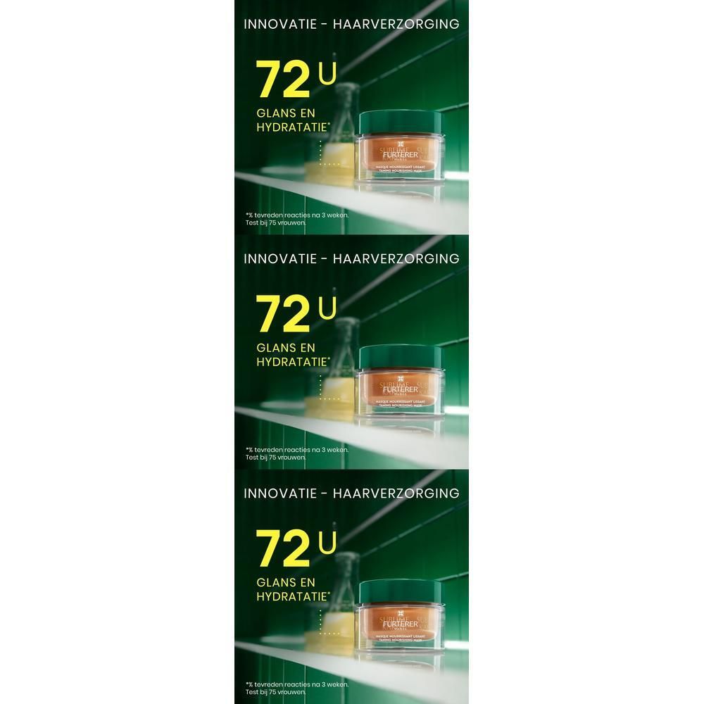 Meerdere potten haarmasker. Tekst: Innovation - Haarverzorging. 72U Glans en hydratatie.