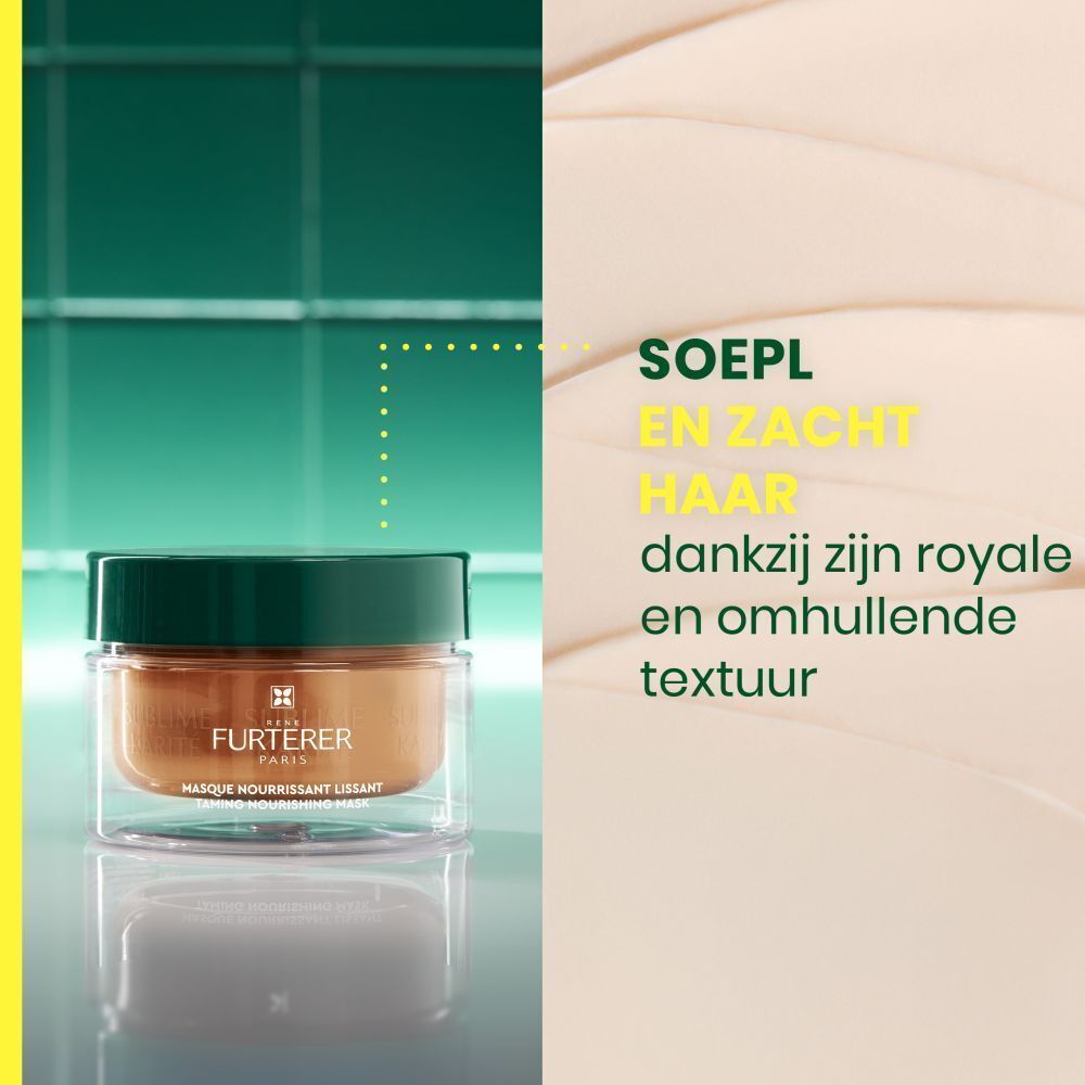 Haarmasker in pot. Tekst: Soepel en zacht haar dankzij zijn royale en omhullende textuur.