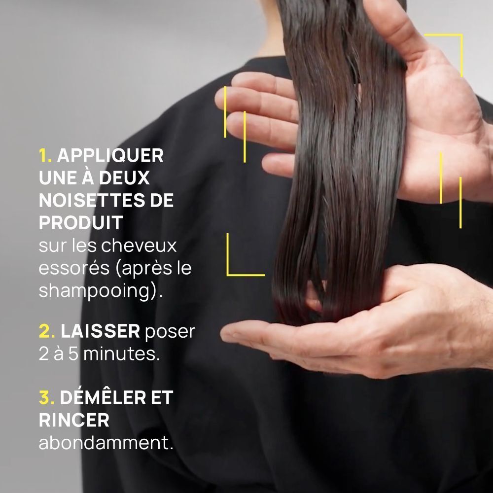 Étapes d'utilisation : 1. Appliquer 1 à 2 noisettes de produit sur cheveux essorés. 2. Laisser poser 2 à 5 minutes. 3. Démêler et rincer.