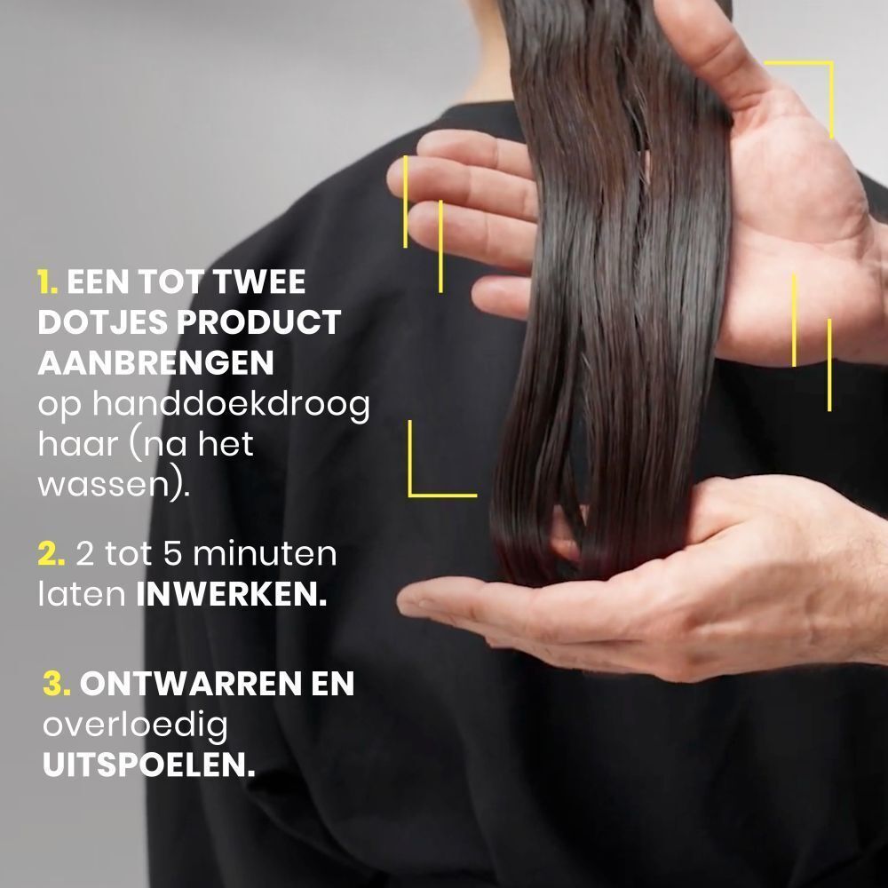 Gebruiksstappen: 1. Een tot twee dotjes product aanbrengen op handdoekdroog haar. 2. 2 tot 5 minuten laten inwerken. 3. Uitspoelen.