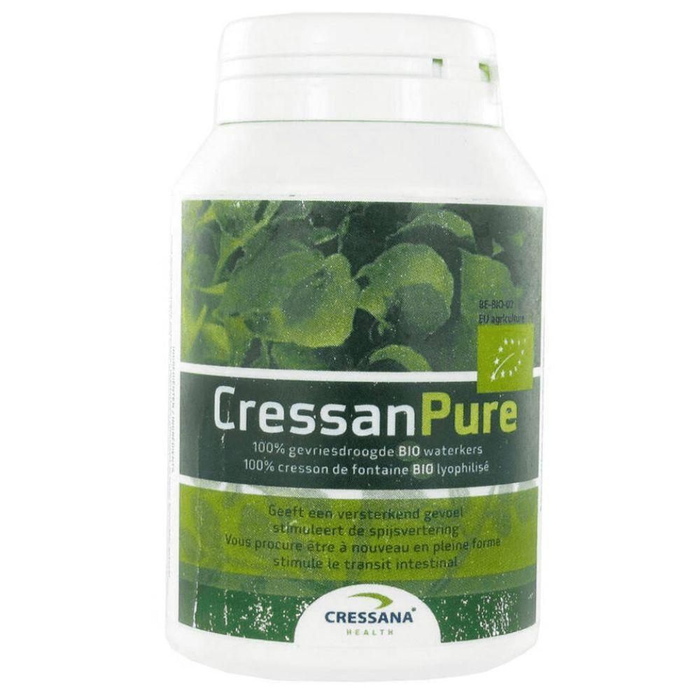 Un pot de CressanPure cresson de fontaine BIO lyophilisé, 100% cresson de fontaine BIO lyophilisé.