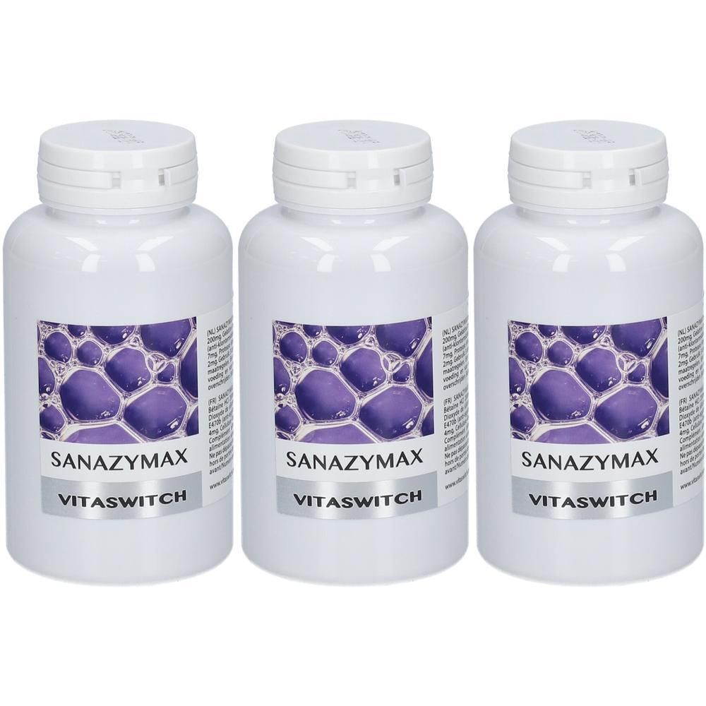 Trois flacons blancs avec bouchons à vis. Chaque flacon porte une étiquette avec le nom du produit Sanazymax et VitaSwitch.
