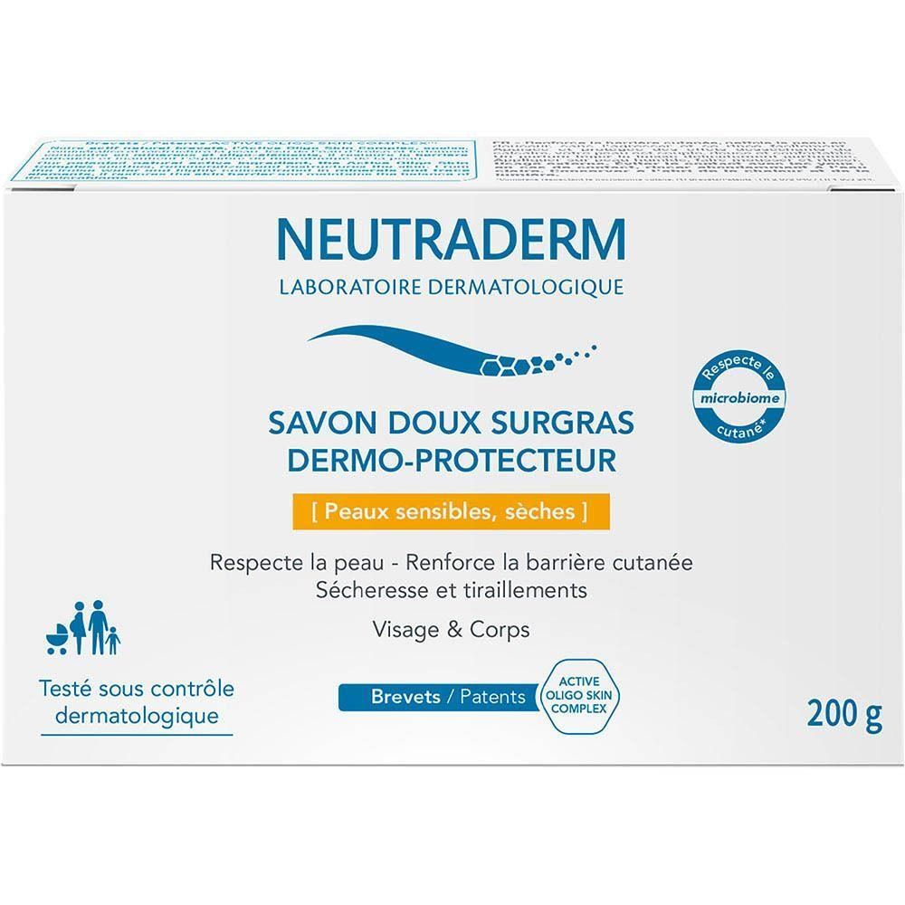 Emballage de Neutraderm Dermo-Protecteur Savon Doux Surgras. Boîte blanche avec nom et logo. 200g.