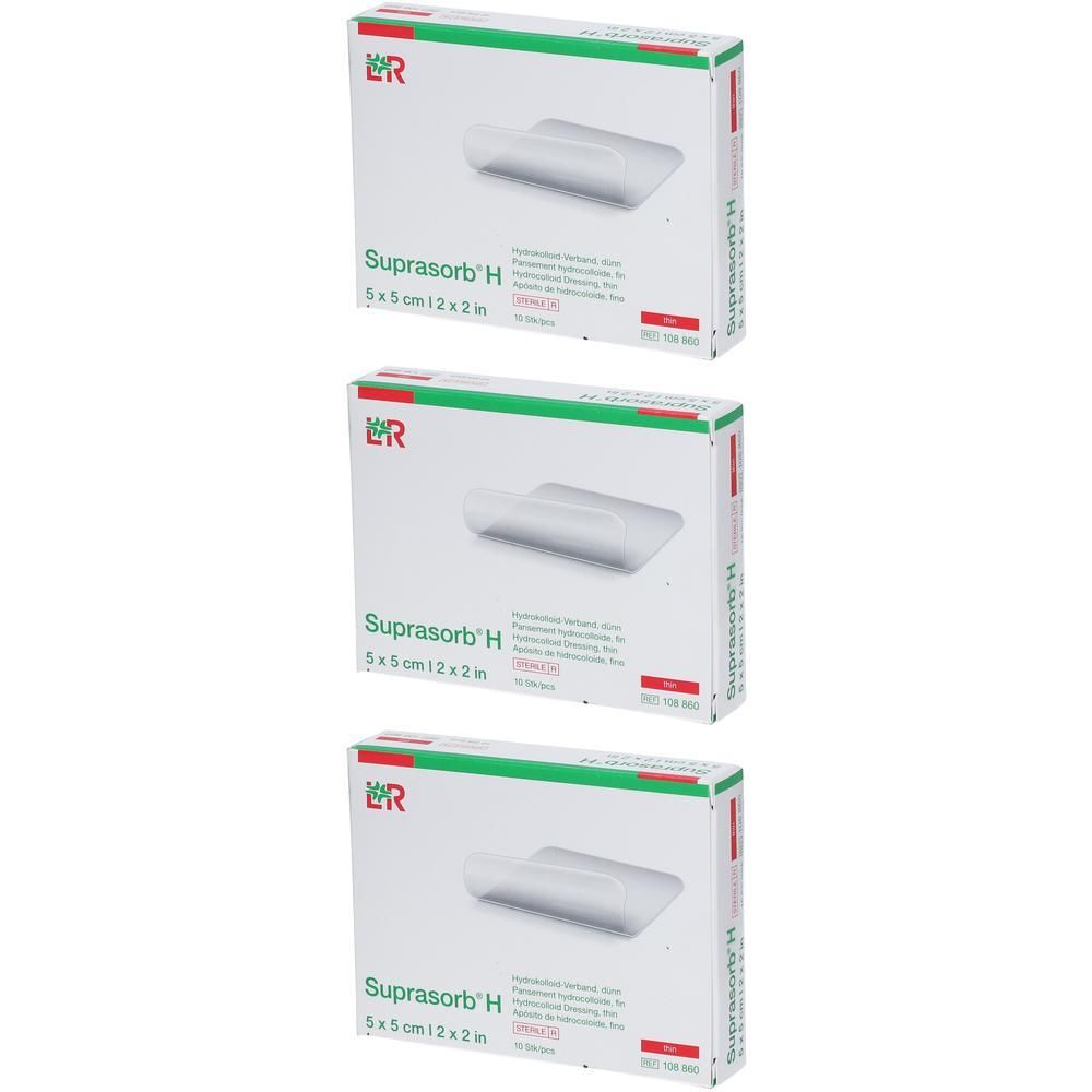 Trois boîtes de pansements blancs. Inscription : Suprasorb H, 5x5cm, 12x2 in. Emballage vert et blanc avec logo.