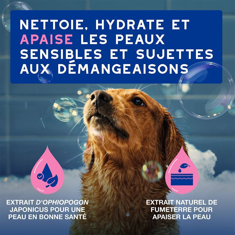 Un chien regarde vers le haut. Texte: Nettoie, hydrate et apaise les peaux sensibles. Avec des extraits pour une peau saine.