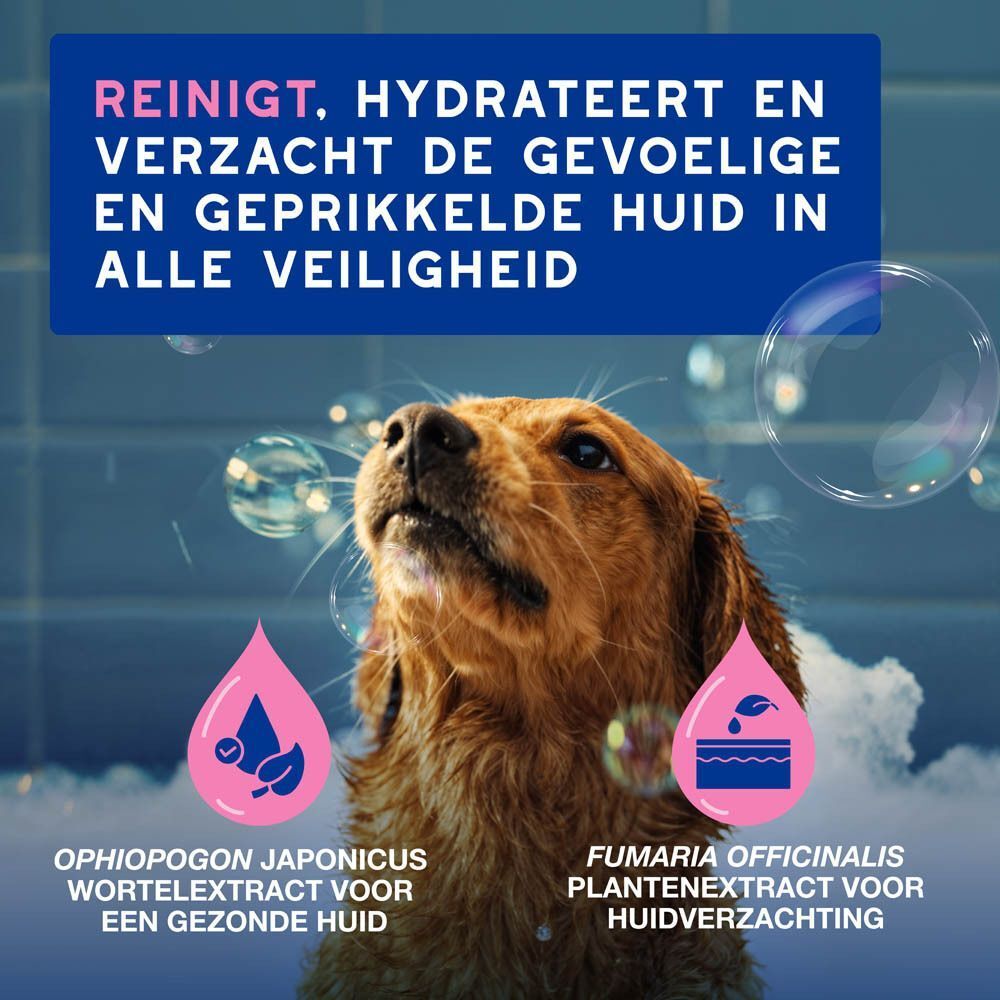 Een hond kijkt omhoog. Tekst: Reinigt, hydrateert en verzacht de gevoelige huid. Met extracten voor een gezonde huid.