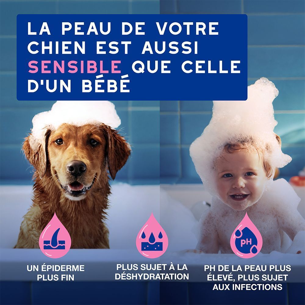 Un chien et un bébé dans de la mousse. Texte: La peau de votre chien est aussi sensible que celle d'un bébé.
