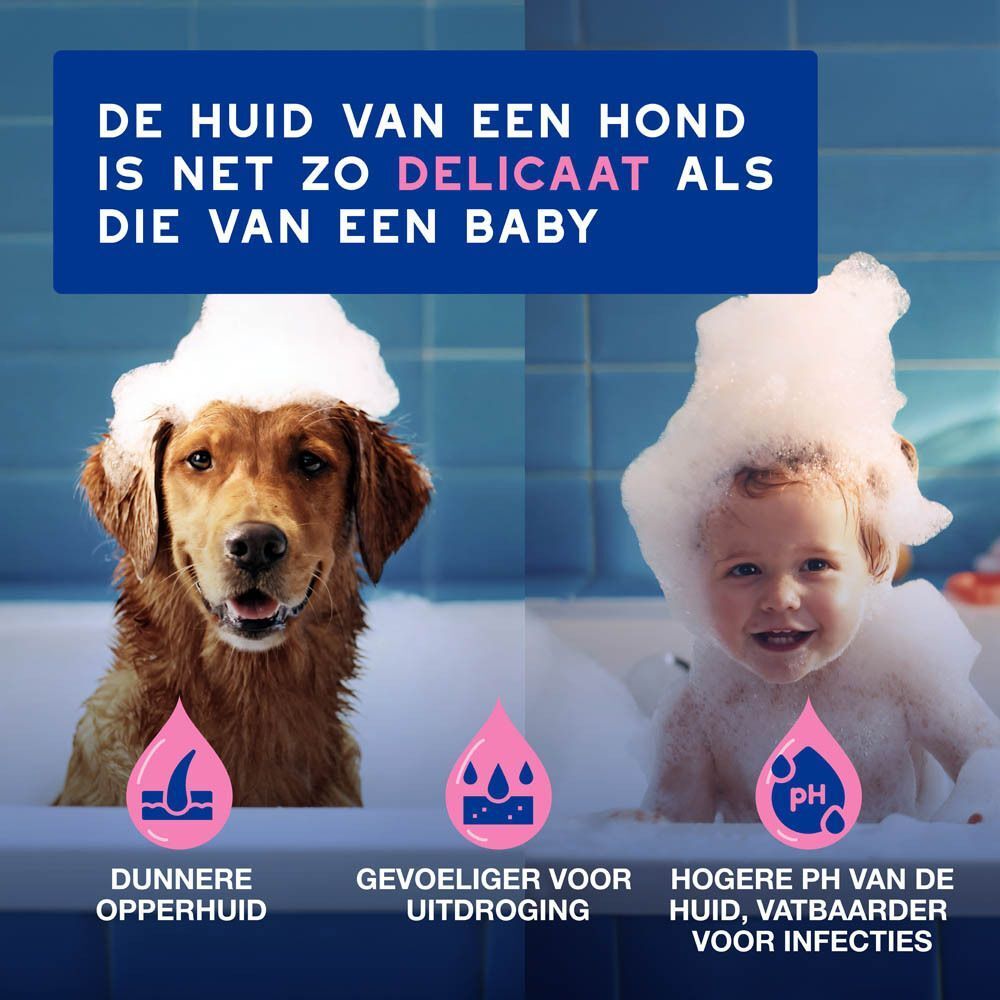 Een hond en een baby in schuim. Tekst: De huid van uw hond is net zo delicaat als die van een baby.