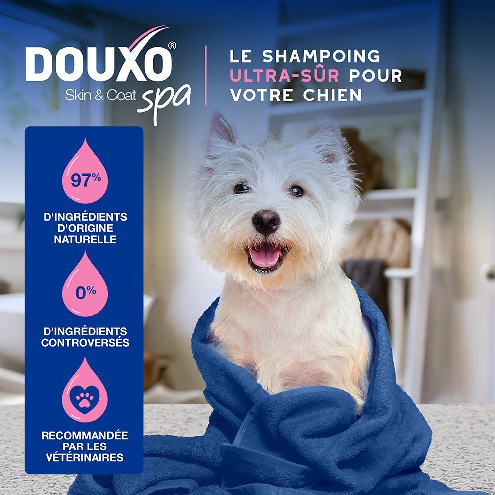 Un chien blanc dans une serviette bleue. Texte: Shampooing ultra-sûr pour votre chien. 97% d'ingrédients naturels.