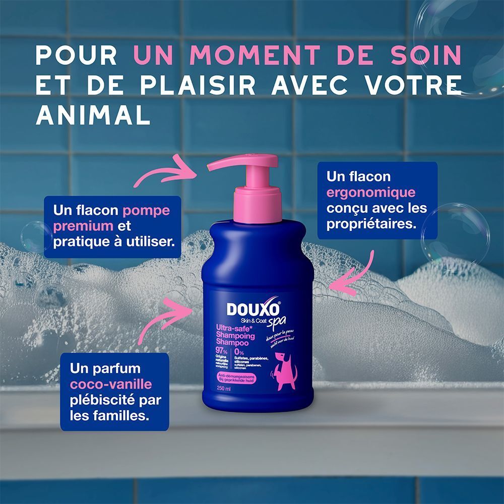 Un flacon bleu avec pompe rose. Texte: Flacon premium, ergonomique, parfum coco-vanille. Pour un moment de soin.