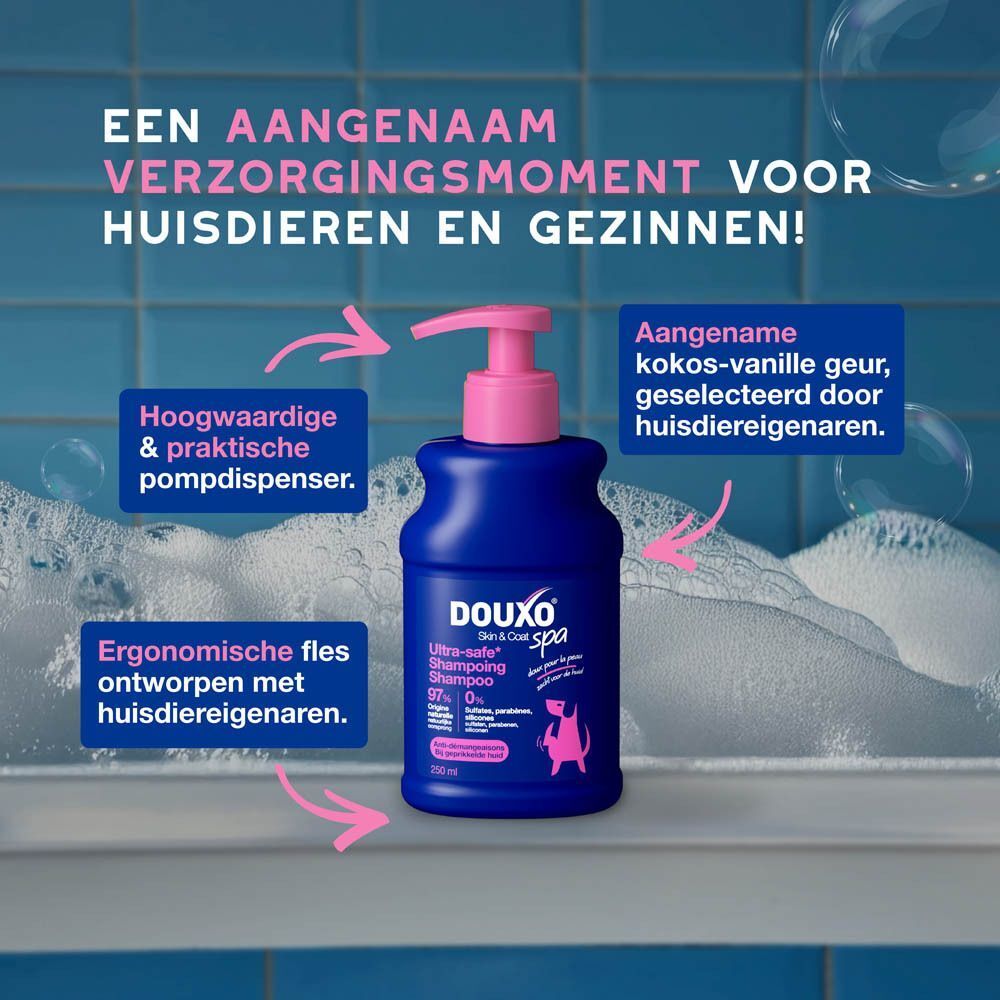 Een blauwe fles met roze pomp. Tekst: Premium fles, ergonomisch, kokos-vanille geur. Voor een verzorgingsmoment.