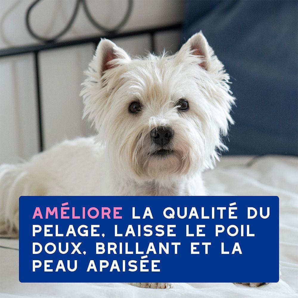 Un chien blanc sur un lit. Texte: Améliore la qualité du pelage, laisse le poil doux et brillant.