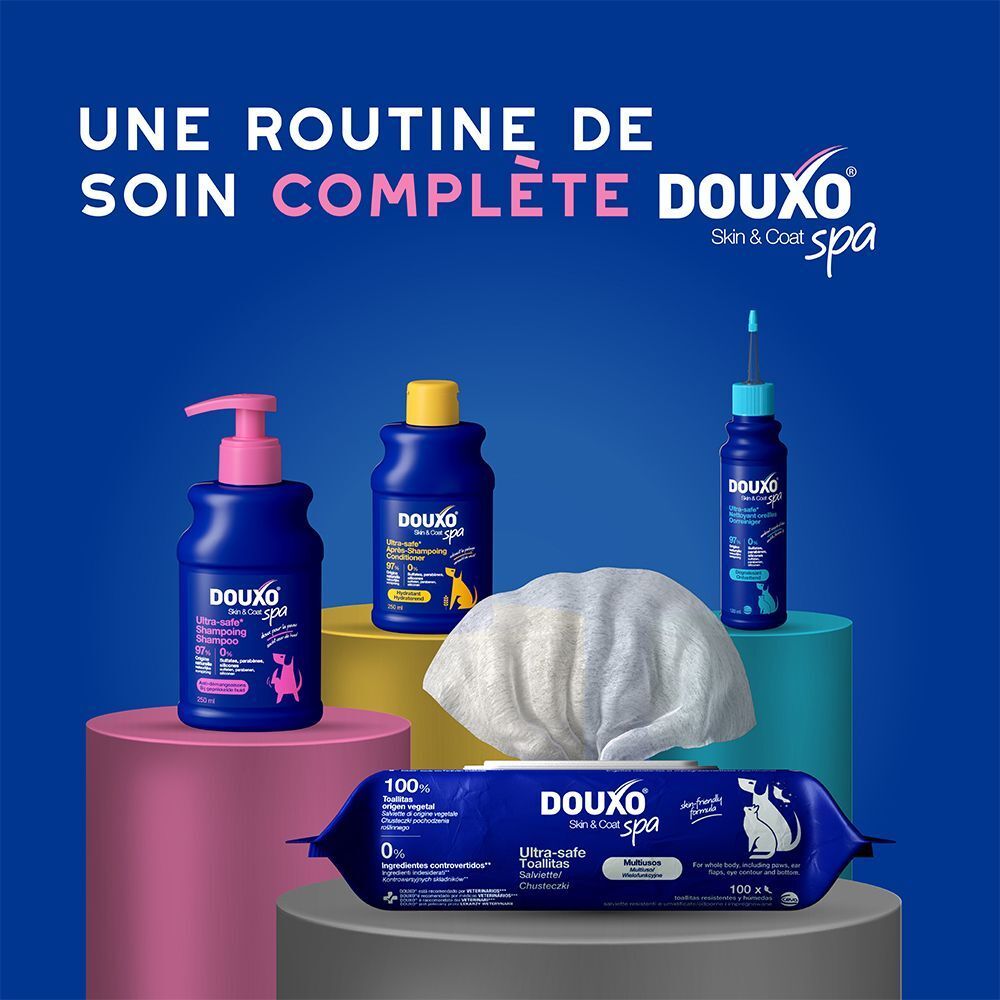 Divers produits Douxo Spa. Texte: Une routine de soin complète pour la peau et le pelage.
