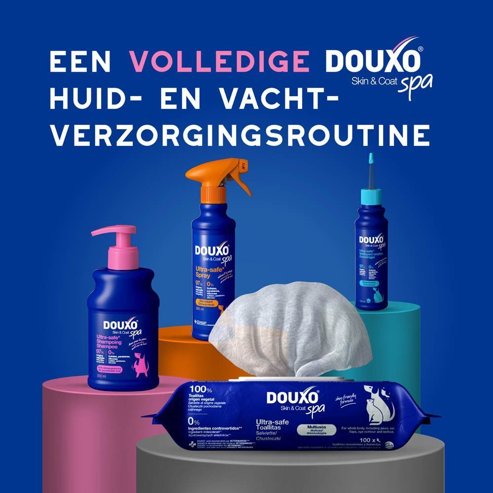 Verschillende Douxo Spa producten. Tekst: Een volledige huid- en vachtverzorgingsroutine.