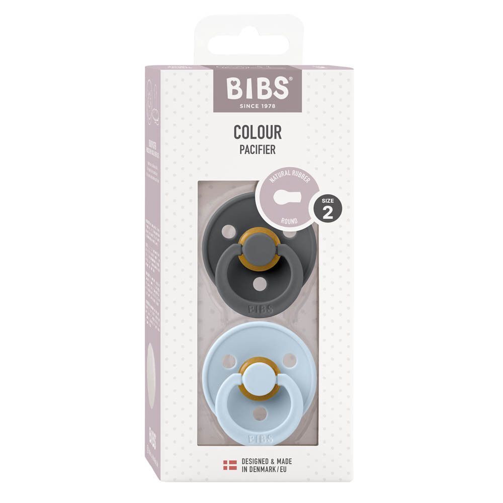 Verpakking met twee grijze en babyblauwe fopspenen. Merk BIBS. Maat 2.