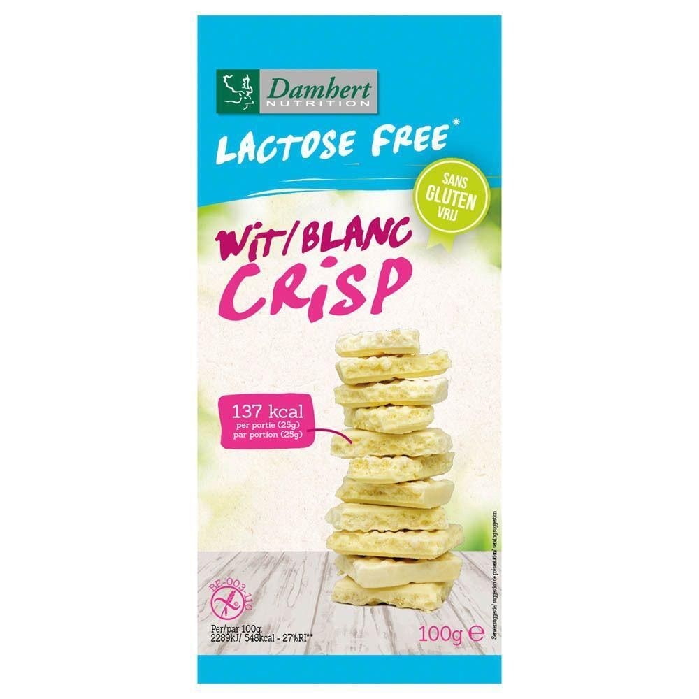Paquet de Damhert Lactose Free Crisp Blanc Gluten Free. Galettes empilées, claires et rondes. Inscription : Lactose Free, Sans Gluten.