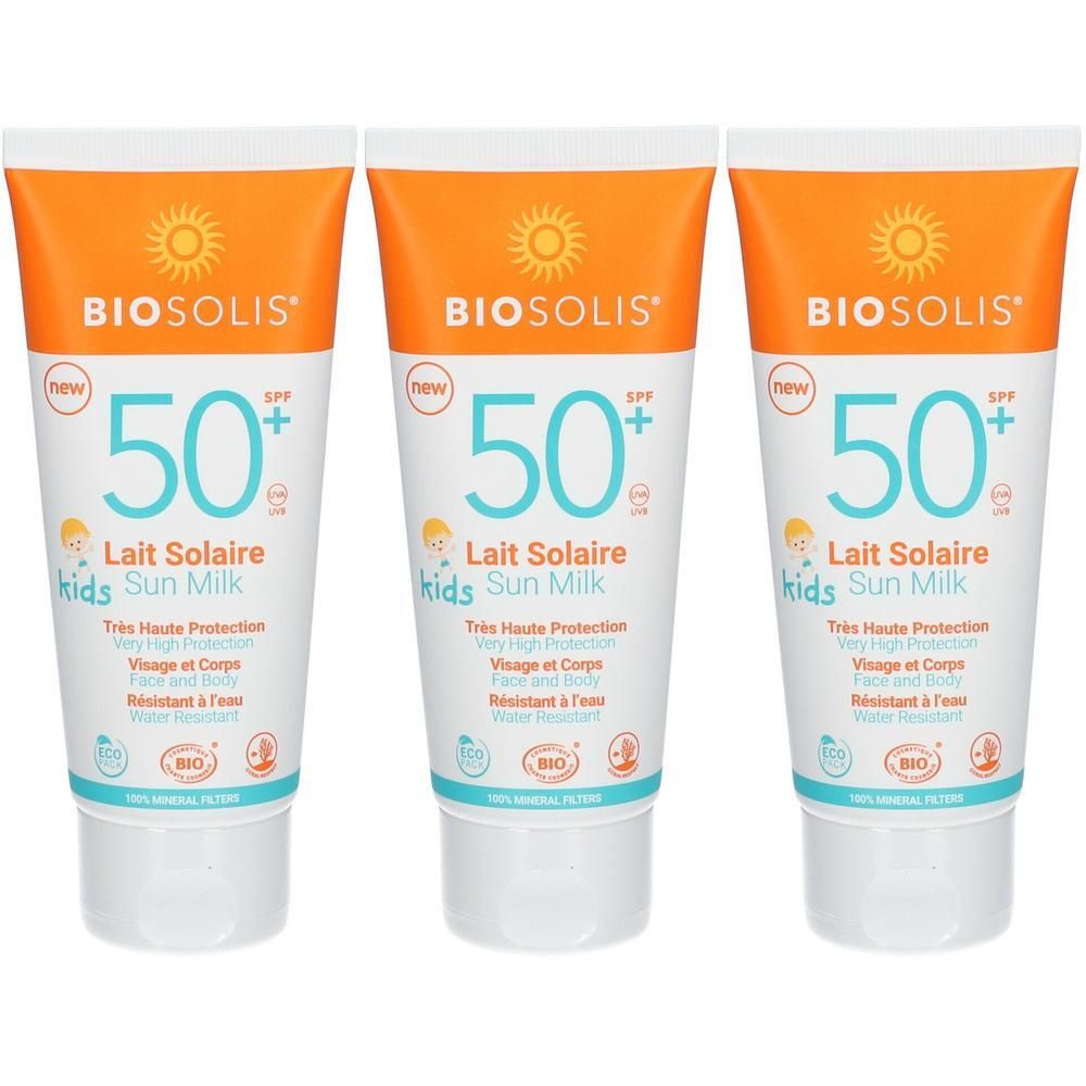 Trois tubes de Biosolis Lait Solaire Kids SPF50. Tubes blancs avec bouchon orange. Inscription : 50+, Lait Solaire, Sun Milk, Kids.