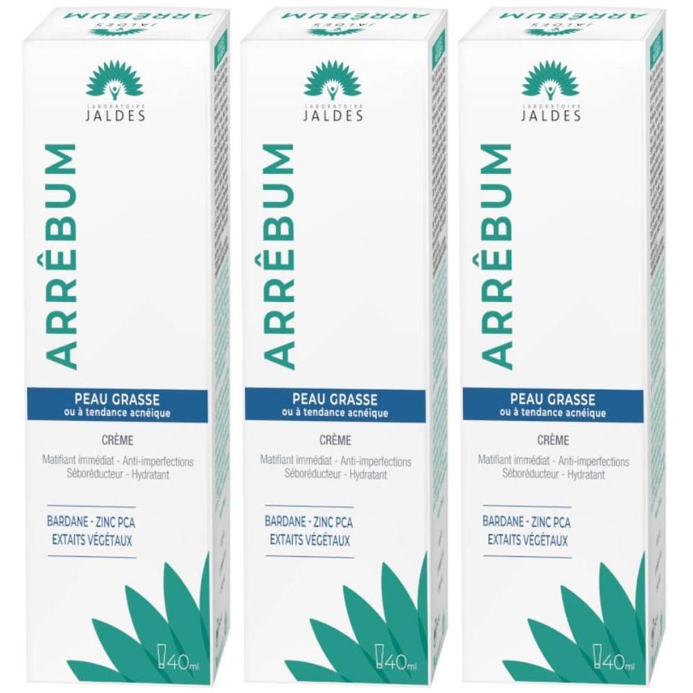 Trois boîtes blanches ARRÊBUM. Inscription PEAU GRASSE, Crème. Marque JALDES. En bas, 40 ml.