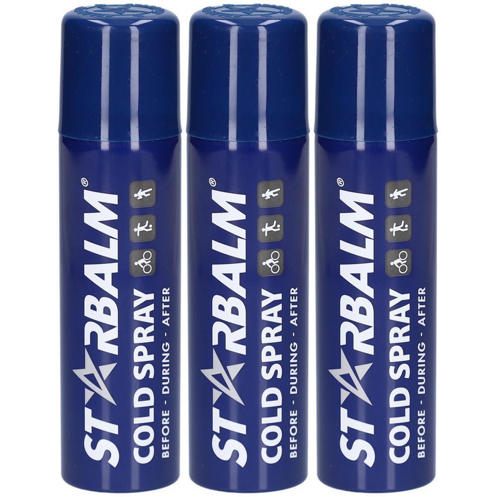 Trois sprays bleus avec texte blanc. Inscription : STARBALM COLD SPRAY. Symboles sportifs. Avant, pendant et après l'effort.