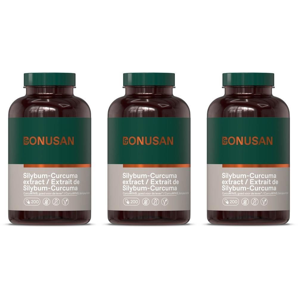 Drie flessen Bonusan Extrait de Silybum-Curcuma. Bruine flessen met groen etiket en witte tekst. Opschrift: BONUSAN, Silybum-Curcuma extract.