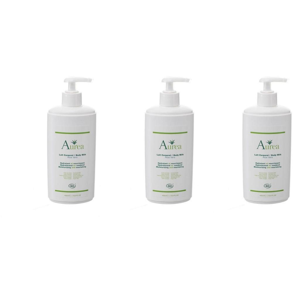 Trois flacons blancs avec bouchon pompe. Chaque flacon porte le nom "Aurea" et "Lait Corporel / Body Milk".
