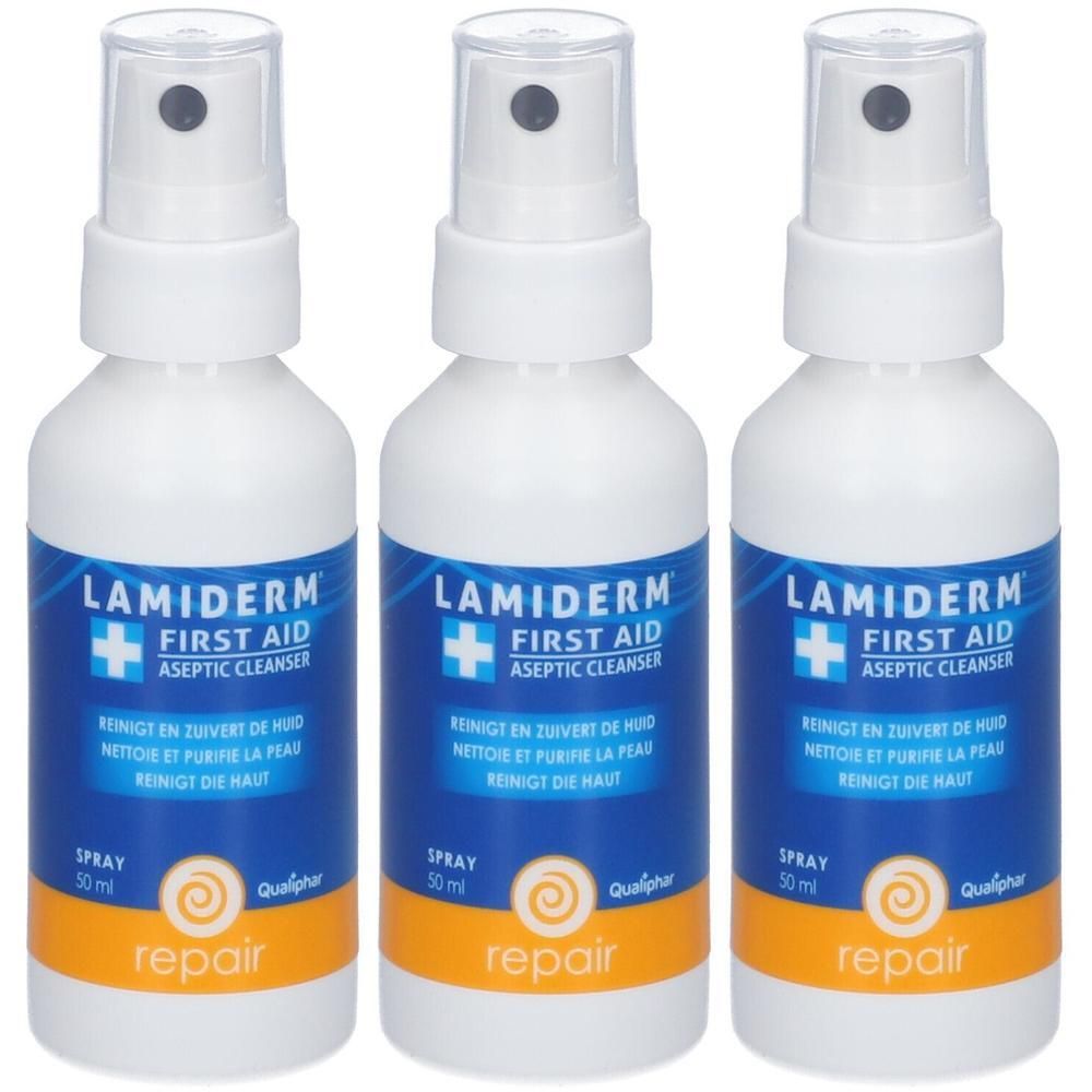 Trois flacons pulvérisateurs blancs avec étiquette bleu et blanc. Inscription : Lamiderm First Aid Aseptic Cleanser. Zone orange avec « repair ».