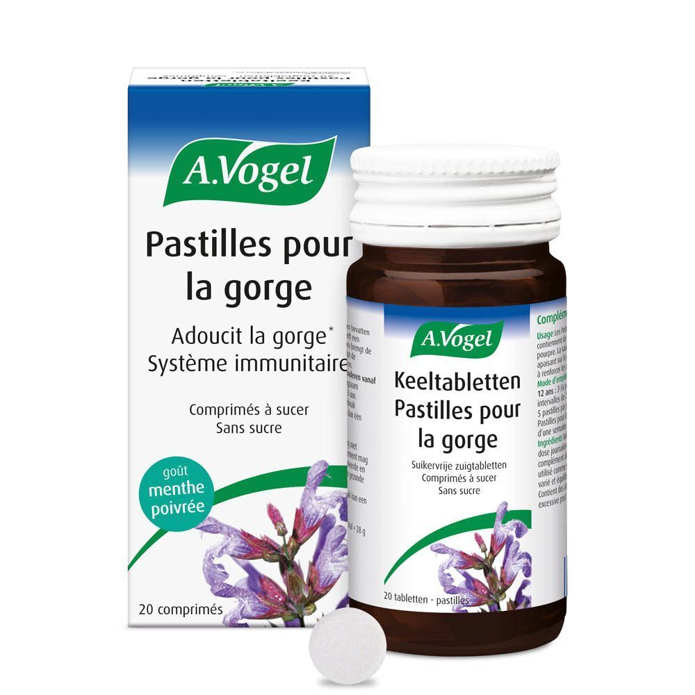 A.Vogel Pastilles pour la gorge, flacon et boîte. Inscription: 20 pastilles, sans sucre. Une pastille à côté.