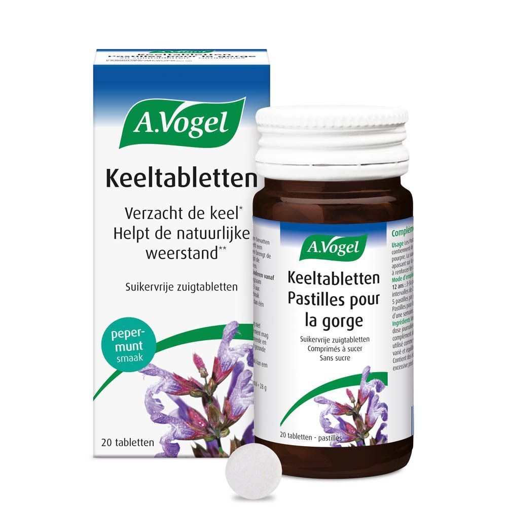 A.Vogel Keeltabletten, fles en doos. Opschrift: 20 tabletten, zonder suiker. Eén tablet ernaast.