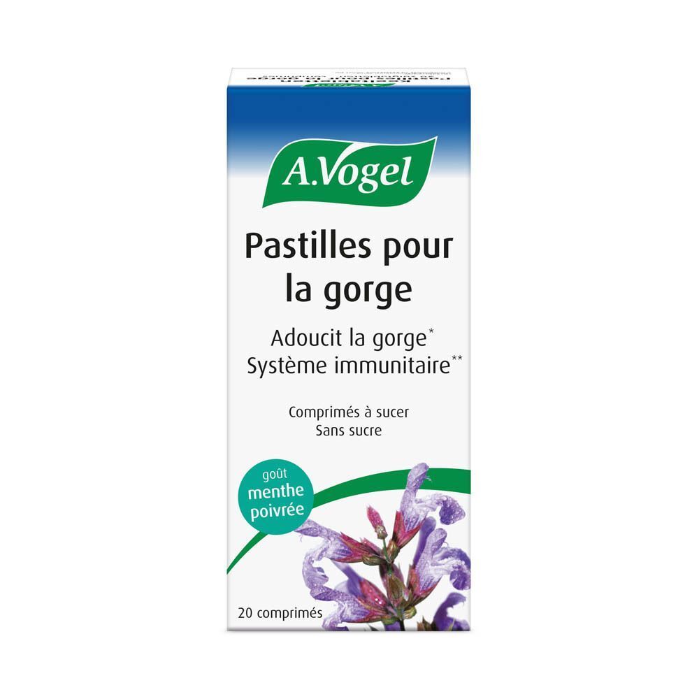 A.Vogel Pastilles pour la gorge, boîte. Inscription: 20 pastilles, sans sucre. Goût: menthe poivrée.