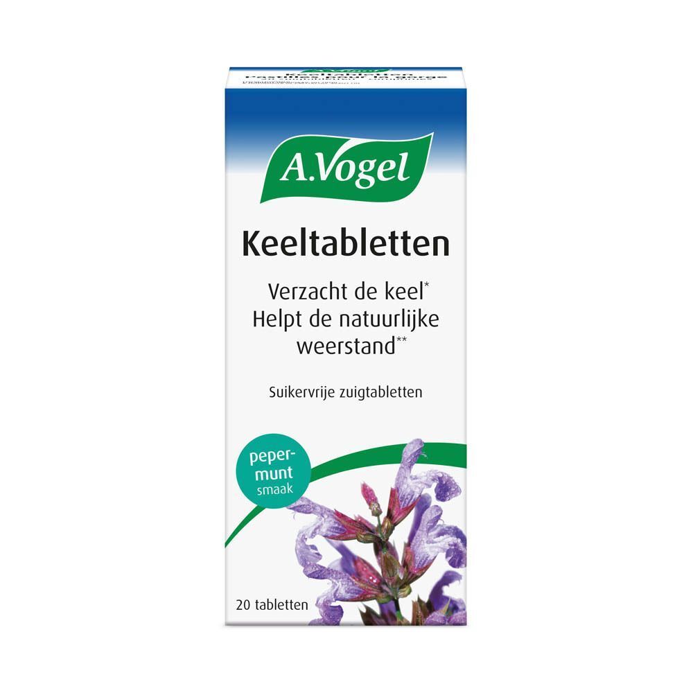 A.Vogel Keeltabletten, doos. Opschrift: 20 tabletten, zonder suiker. Smaak: pepermunt.