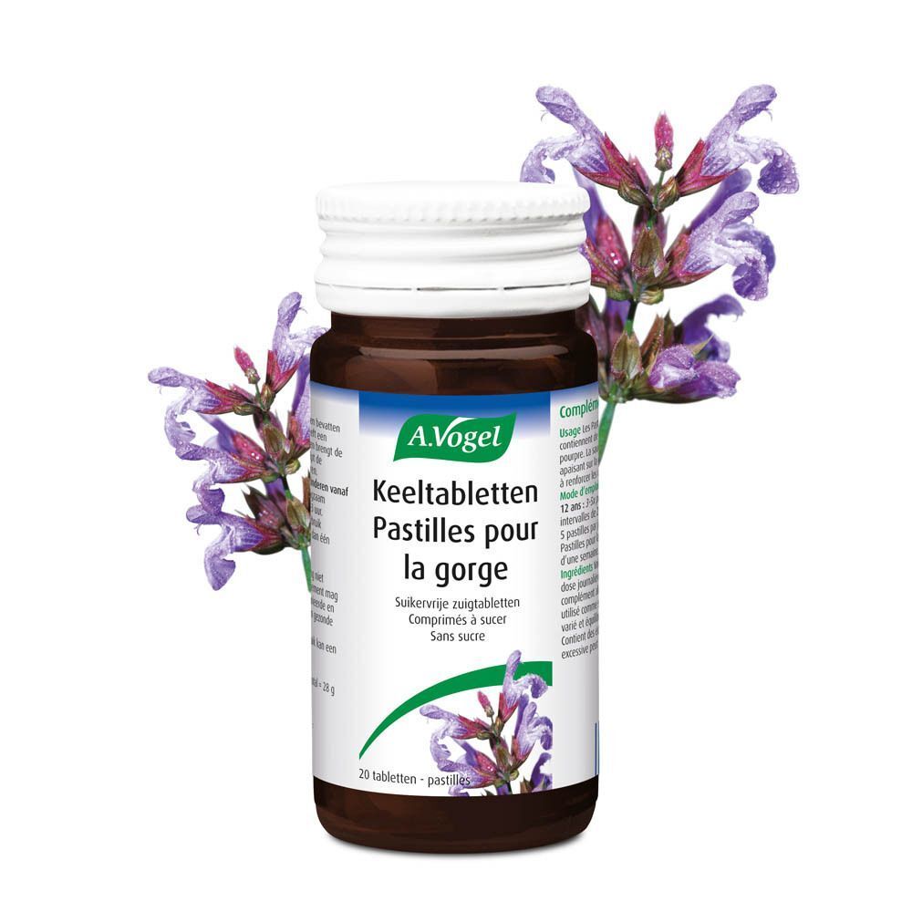 A.Vogel Pastilles pour la gorge, flacon. Inscription: 20 pastilles, sans sucre. Avec des fleurs.