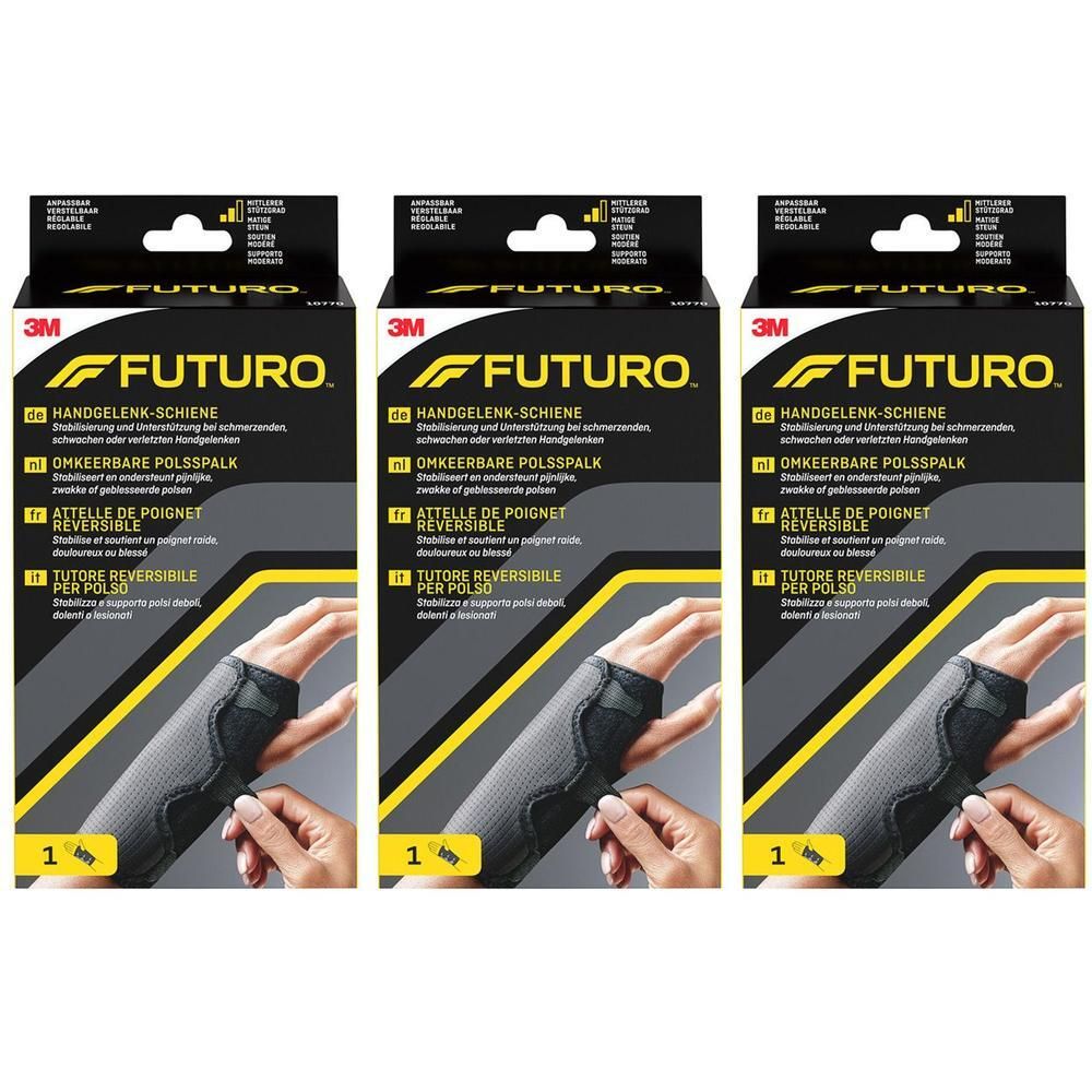 Trois attelles de poignet FUTURO™ en emballage. Attelle noire avec main sur l'emballage. Logo 3M.